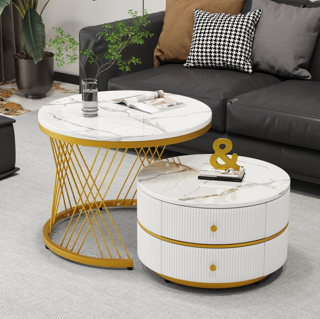 Set di 2 tavolini da caff¨¨ rotondi in MDF bianco effetto marmo lucido