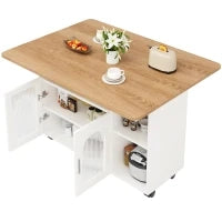 Isola cucina moderna con spazio di conservazione e armadietti con ante in vetro, 120×30×79,5 cm, Bianco e Legno