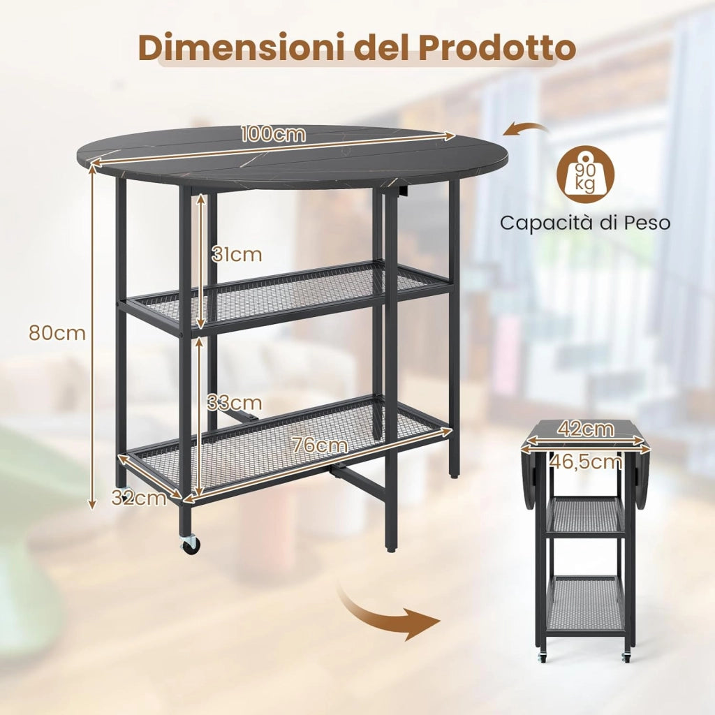 Tavolo Pieghevole Salvaspazio 100 x 100 x 80 cm, Tavolo da Pranzo Estensibile per 2-4 Persone con 2 Mensole di Stoccaggio e Ruote Bloccabili per Soggiorno, Appartamento e Ufficio (Nero)