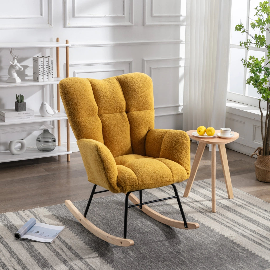OKWISH Poltrona a Dondolo, Schienale Alto Ergonomico e Braccioli Imbottiti, Base in Legno e Metallo, Teddy Giallo 80 x 70 x 95 cm