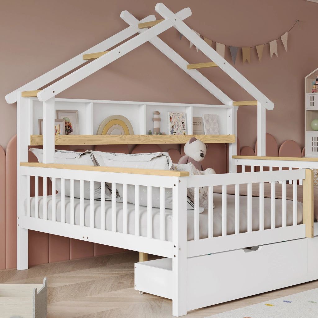 Letto Casetta 140 x 200 cm; Letto Matrimoniale - Sponde; 2 Cassetti - Bianco e Naturale