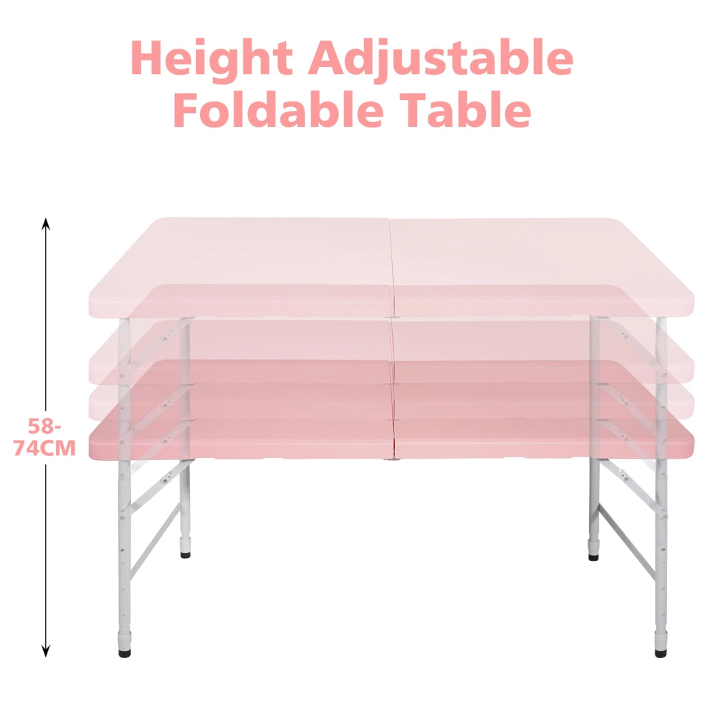 Tavolo pieghevole regolabile in altezza in plastica e ferro rosa per uso interno ed esterno 125 × 61 × 58-74 cm
