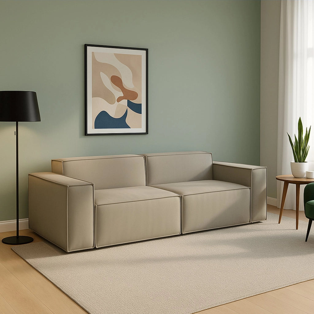 Divano fisso Lepidolite, Divano componibile a 2 posti lineare, Made in Italy, SofÒ  moderno da soggiorno in tessuto, Cm 220x95h70, Tortora