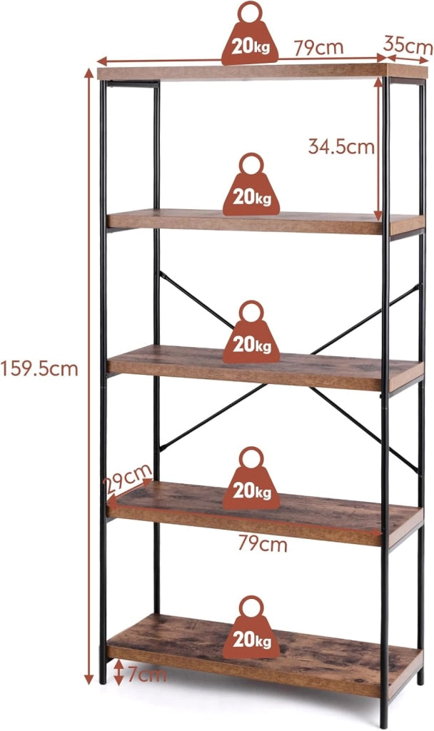 Scaffale Portaoggetti a 5 Livelli, Libreria Scaffale per Studio, Soggiorno, Ufficio, Stile Industriale,79 x 35 x 159,5cm