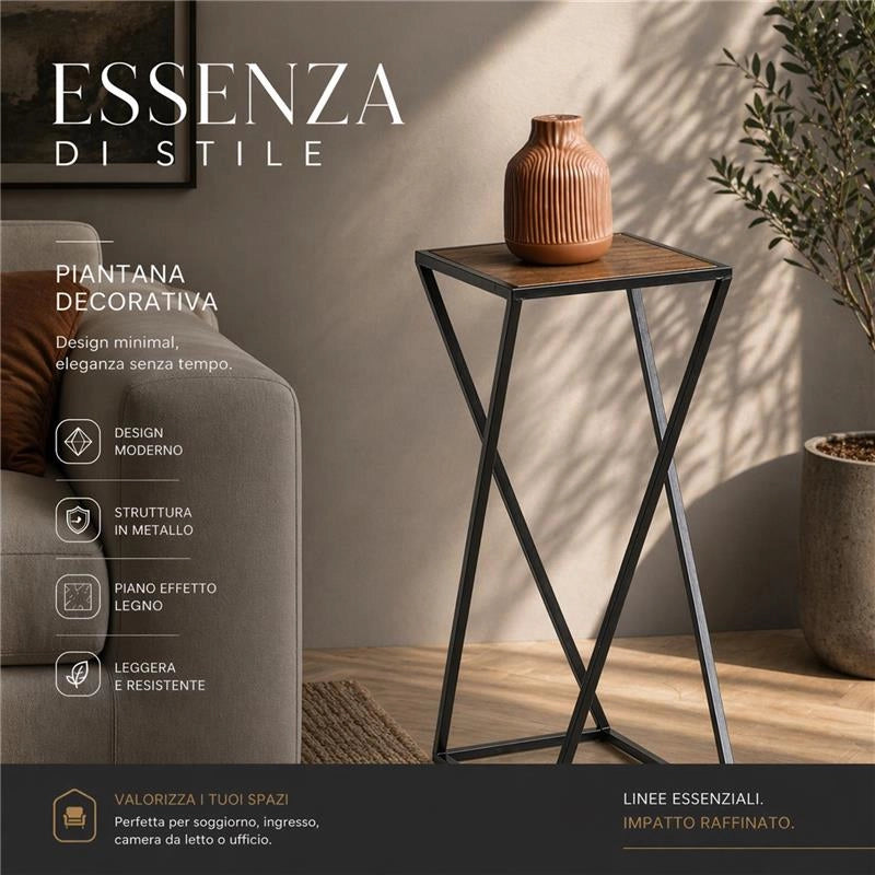 TAVOLINO A COLONNA CON STRUTTURA IN METALLO NERO E TOP IN MDF EFFETTO LEGNO SCURO MISURE: 25X70 CM