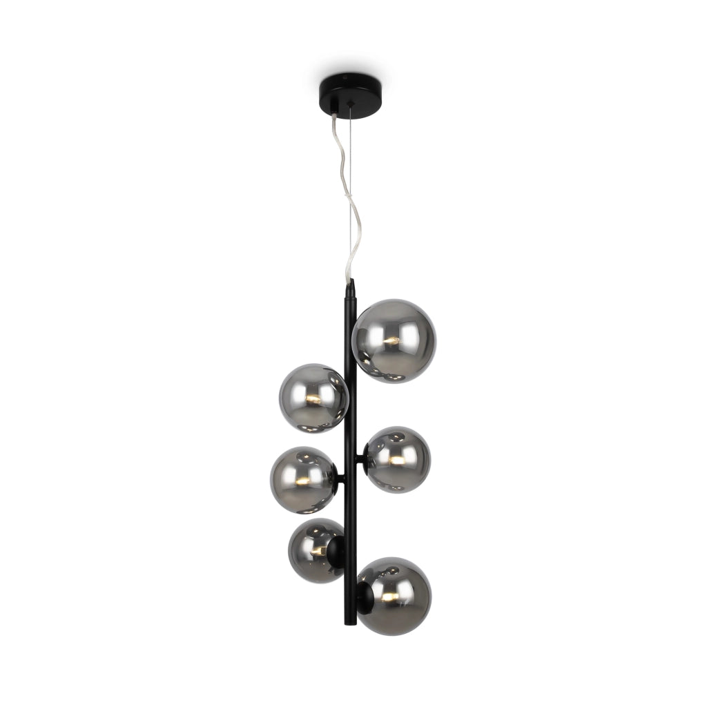 Lampadario Contemporaneo Dallas Metallo Nero 6 Luci Diffusori Vetro Fumè