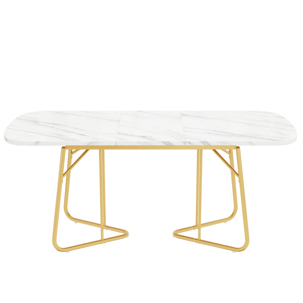 Tavolo da pranzo allungabile con piano effetto marmo bianco e gambe in metallo dorato; in MDF; per sala da pranzo