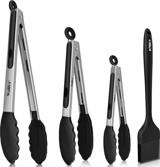 Barbecue, Set di 4, Manubrio in Acciaio Inossidabile e Punte in Silicone Antiacido, con Spazzola in Silicone da 21 cm, per Cucina, Griglia, Buffet, Insalata