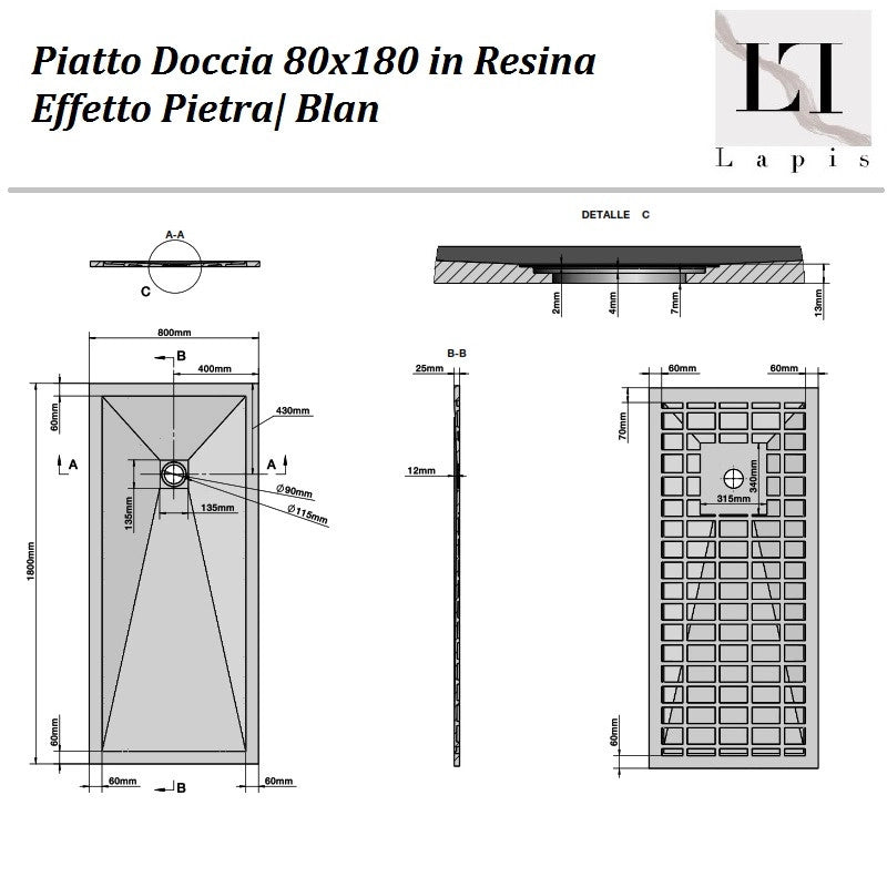 Piatto Doccia 80x180 Bianco in Resina Effetto Pietra| Blan