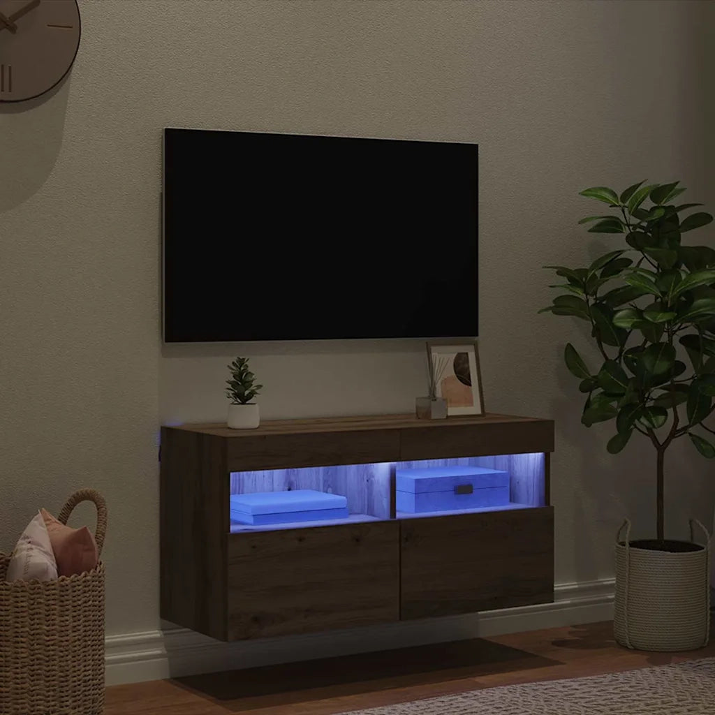 Mobile TV da parete con LED Rovere artigianale 80 x 30 x 40 cm