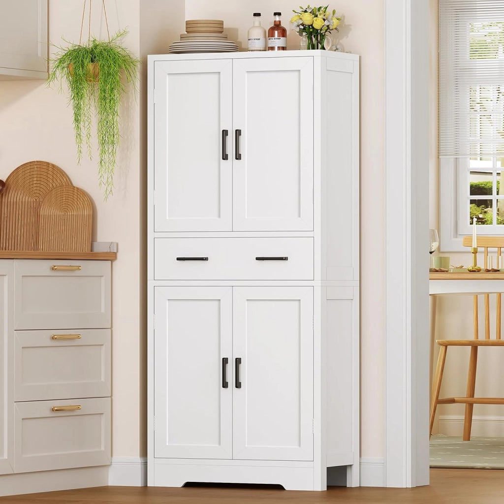 Mobile Bagno con 4 Porte e 1 Grande Cassetto, Mobiletto Bagno Salvaspazio con Ripiano Regolabile, Armadio Bagno – per Soggiorno, Cucina, Bianco, 60x30x148 cm