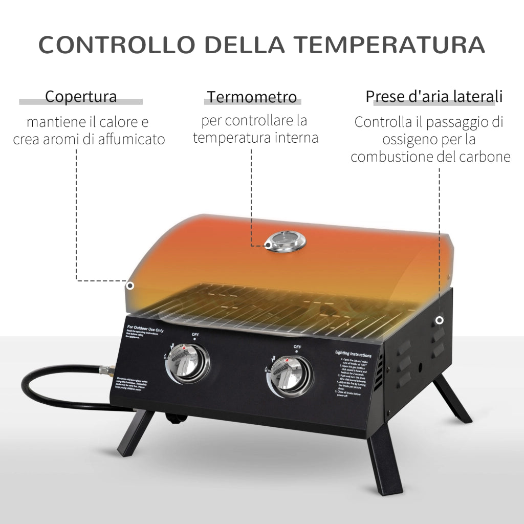 Easycomfort Barbecue a Gas Pieghevole con Coperchio, Termometro e 2 Bruciatori in Acciaio, 55x46.5x41 cm, Nero