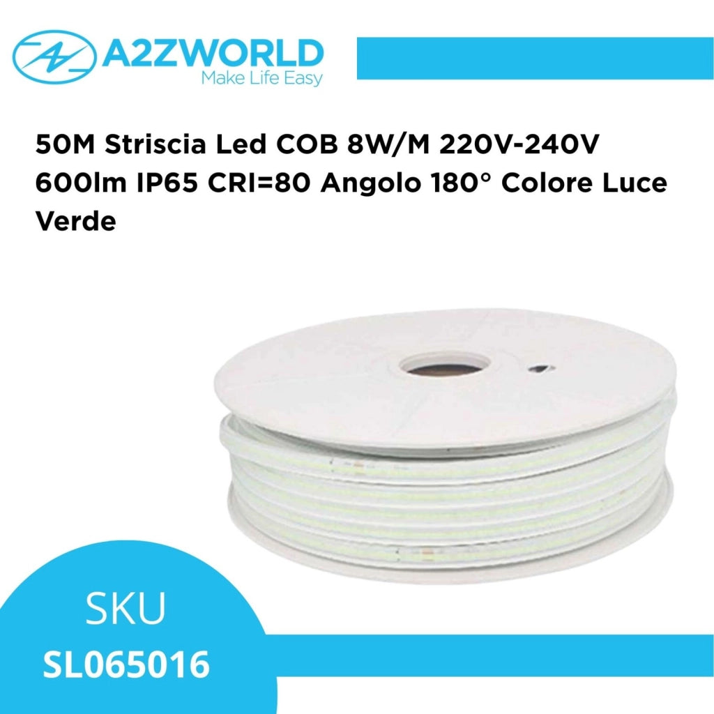 50M Striscia Led COB 8W/M 220V-240V 600lm IP65 CRI=80 Angolo 180° Colore Luce Verde