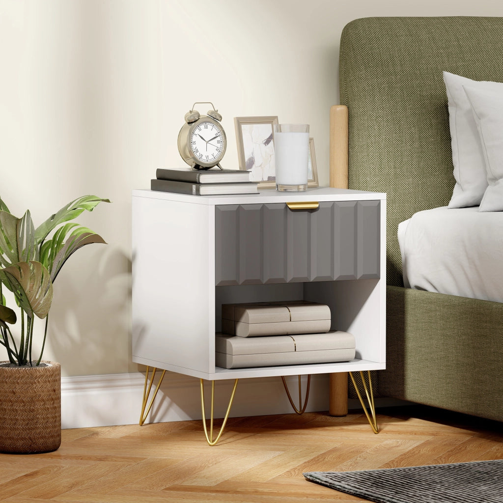 Comodino con cassetto e ripiano aperto ¨C Xylo ¨C bianco, 45x40x55 cm, gambe in acciaio