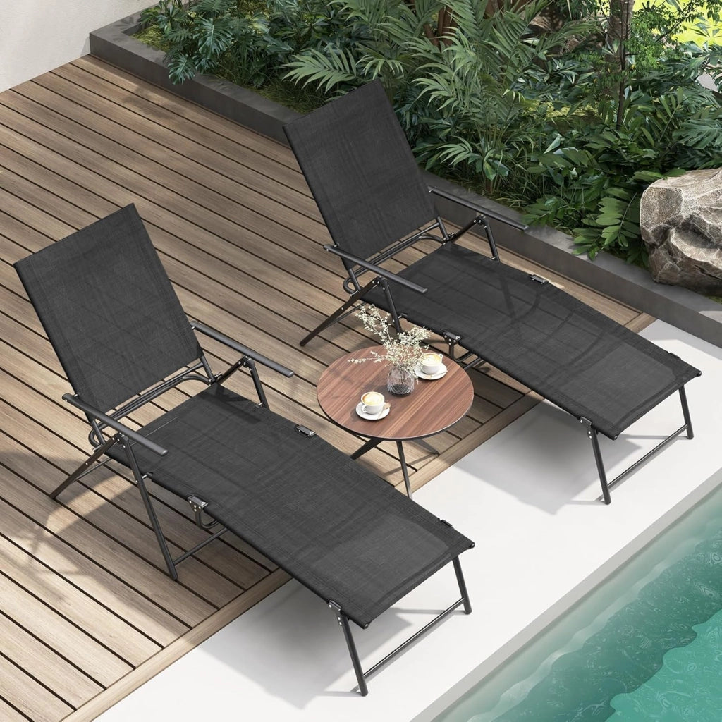 Set di 2 Sedie a Sdraio Pieghevolecon Schienale Regolabile e Poggiapiedi, Capacità di Carico 150 kg, Lettino Prendisole da Giardino Ideali per Patio, Giardino e Piscina, Nero