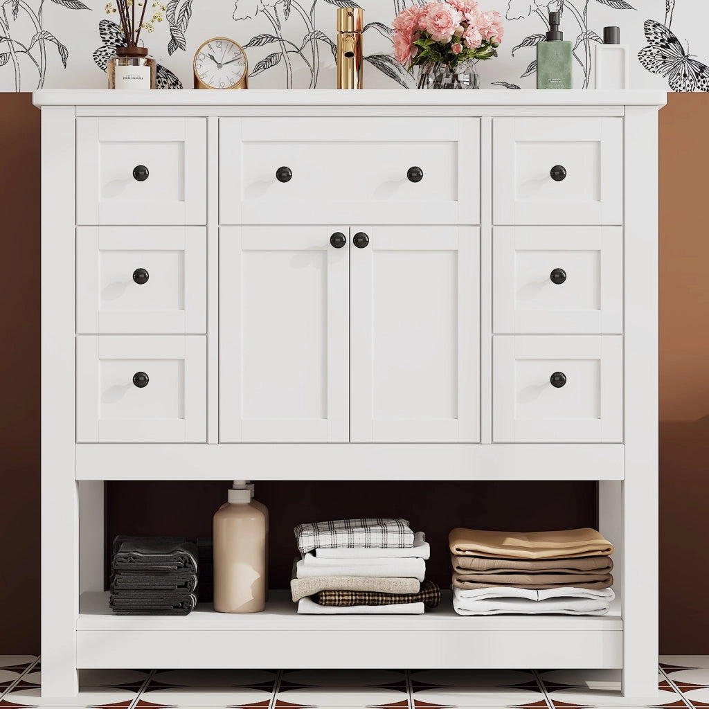 Mobile sottolavabo con lavabo in ceramica, 6 cassetti, 1 cassetto ribaltabile, ante e vani aperti, per bagno, bianco