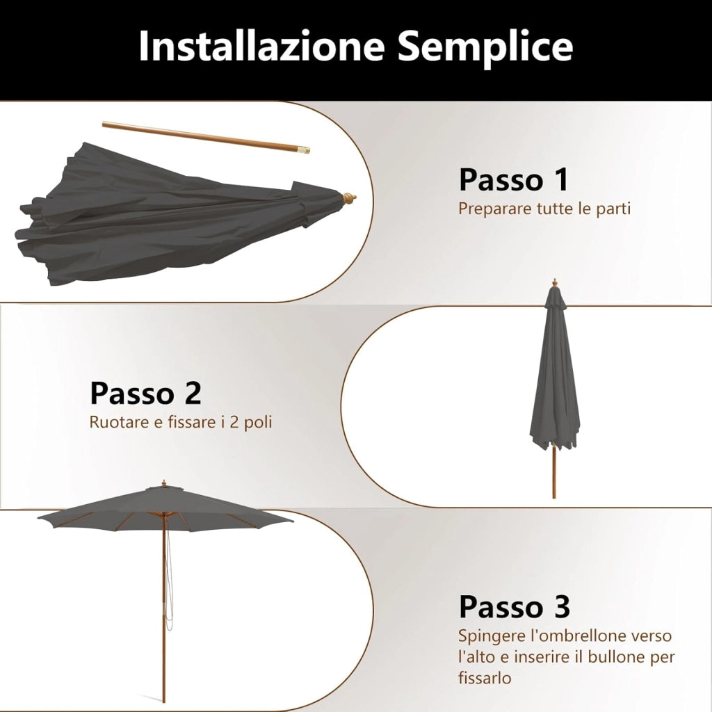 Ombrellone da Giardino 300 x 300 cm, Ombrellone Pieghevole con 8 Stecche di Bambù, 3 Altezze Regolabili, Ombrellone da Parasole Impermeabile, per Giardino Cortile Piscina (Grigio)