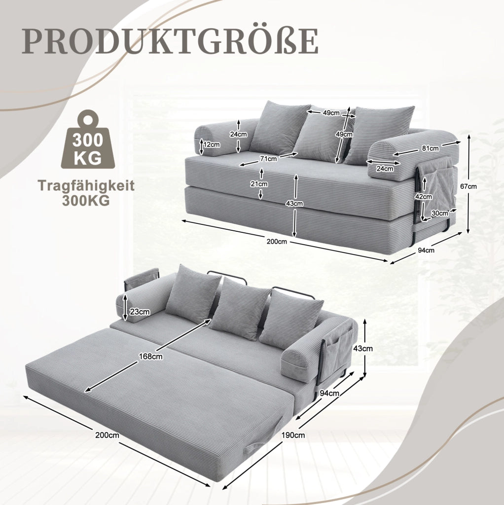 Divano modulare 200x94x67 cm con tasca laterale e 3 cuscini in velluto a coste grigio chiaro