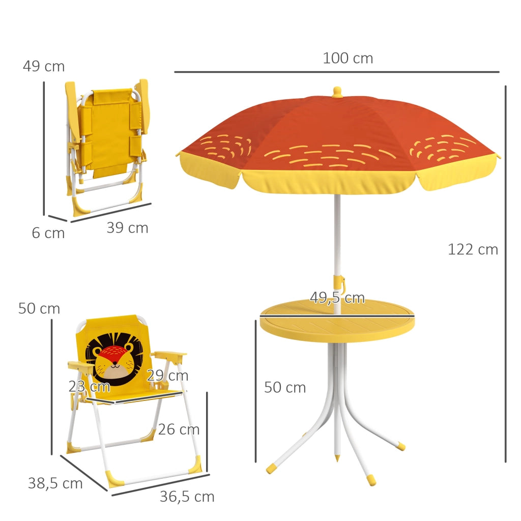 Set giardino bambini 4 pezzi ¨C zephmum ¨C motivo leone con ombrellone giallo regolabile ? 100 cm