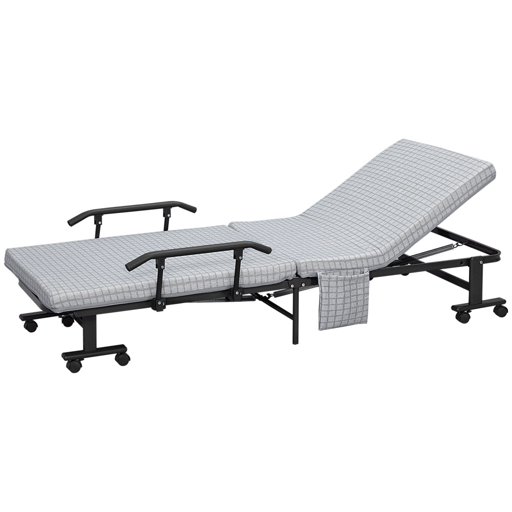 Letto pieghevole con schienale regolabile e braccioli ¨C zephmum ¨C grigio chiaro e nero, struttura in acciaio, 190x76x33 cm