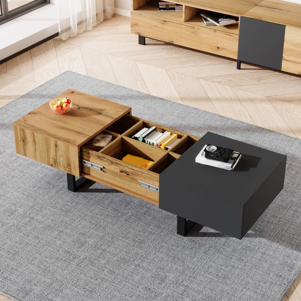 Tavolino da caffè moderno scorrevole con vani portaoggetti; 155 cm; truciolare; naturale e antracite