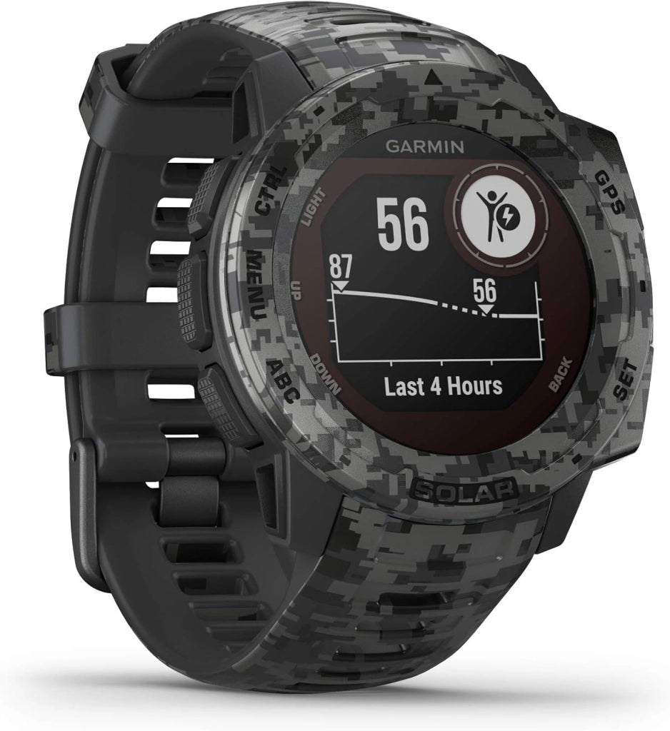 Instinct Solar, Camo Edition, Graphite - Smartwatch Gps Ultra-Resistente con Ricarica Solare, Cardio, Pulseox, App Multisport