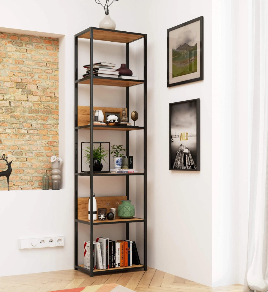 Scaffale stilo loft con ripiani in legno 50 cm Nera 50 cm inserto frontale Quercia Craft 50x32x192 cm