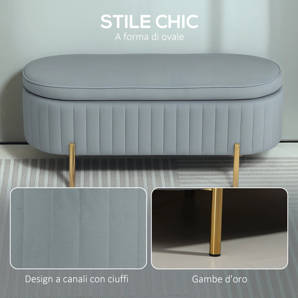 Panca Contenitore Ovale 108x44x43,5 cm con Coperchio Sollevabile in Tessuto Vellutato Grigio