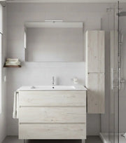 Mobile Bagno BALDER Già Montato 3 cassetti con piedini, lavabo e specchio Bianco nordico 90x45 cm con colonna