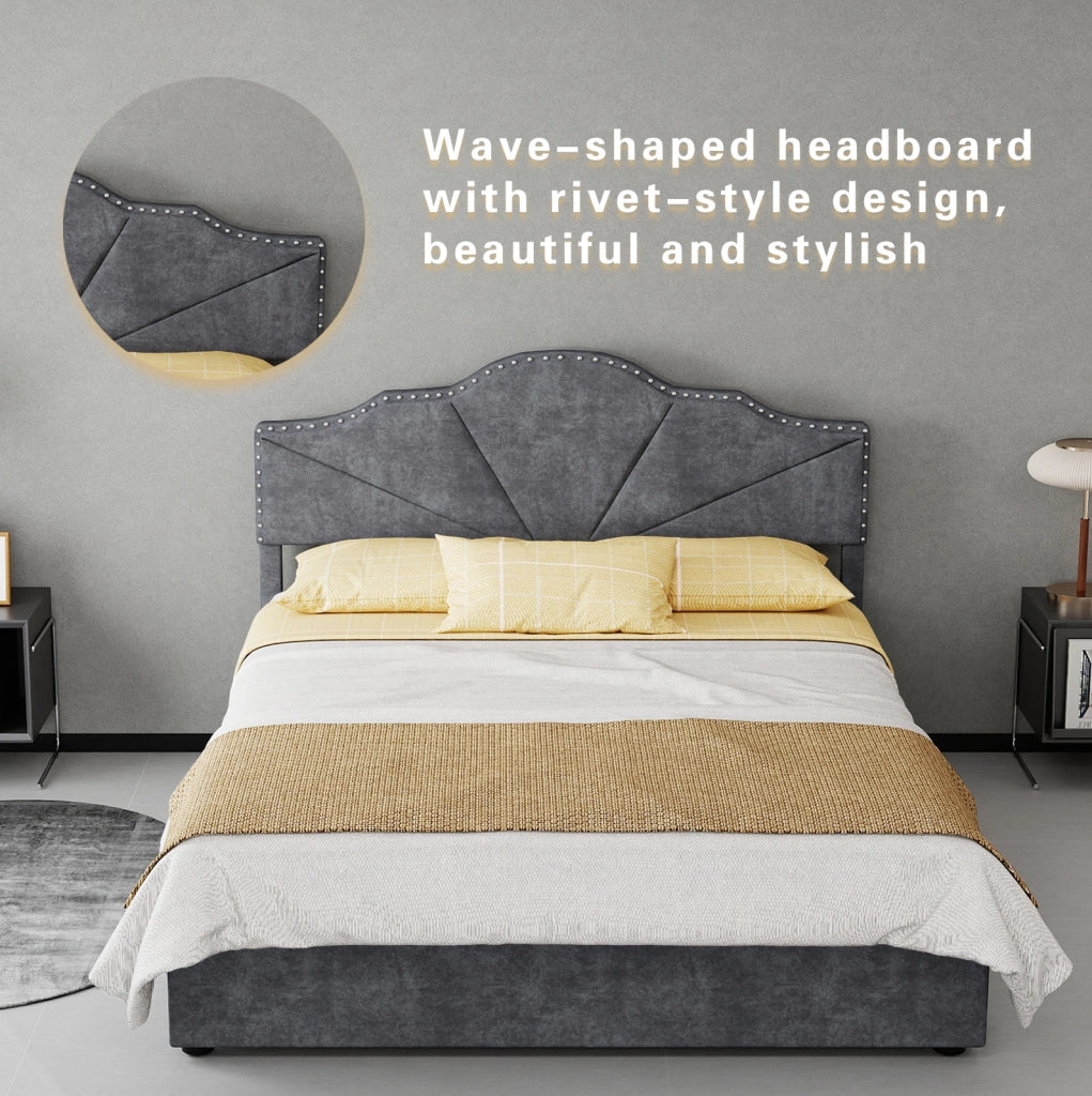 Letto imbottito 140x200 cm con rete a doghe; tessuto grigio e struttura in metallo