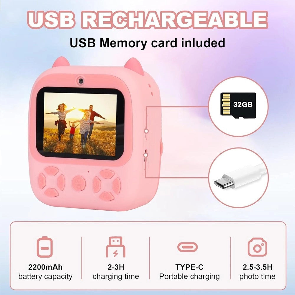 Trade Shop - Fotocamera Istantanea Bambini Digitale Hd 1080p 4 Rotoli Scheda Sd Doppia Lente -
