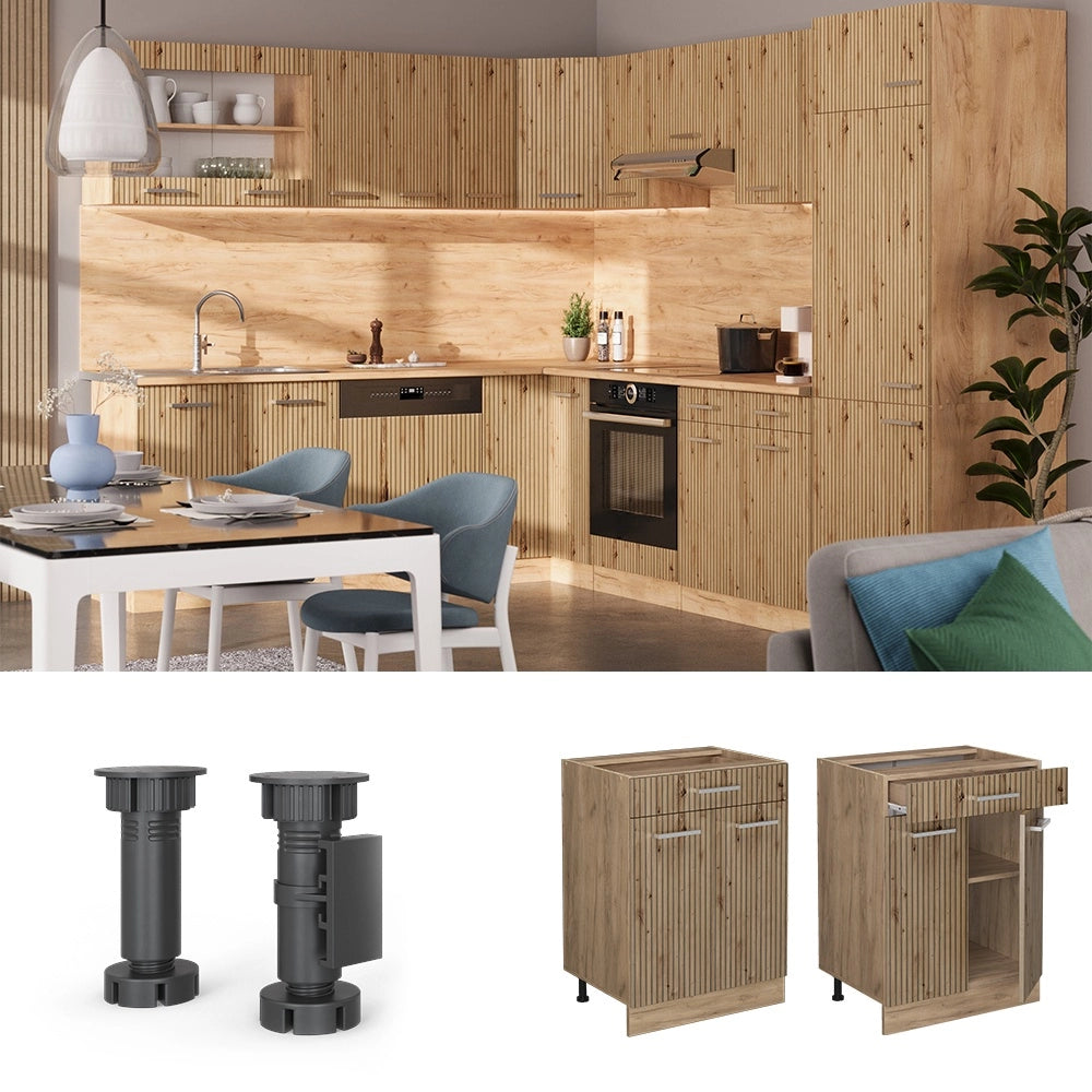 Mobiletto base per cucina R-Line Rovere artigianale/Rovere dorato 60 cm con cassetto, PL Antracite Vicco