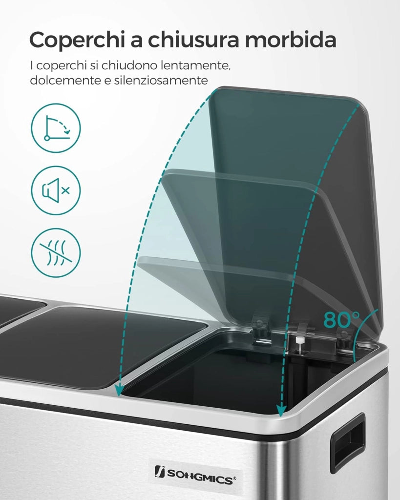 SONGMICS Cestino da Cucina, Pattumiera per Raccolta Differenziata 3 x 18L, 3 Scomparti per Riciclaggio, Coperchi a Chiusura Morbida, Pedali, Acciaio, Argento Metallizzato e Nero Inchiostro LTB54NL