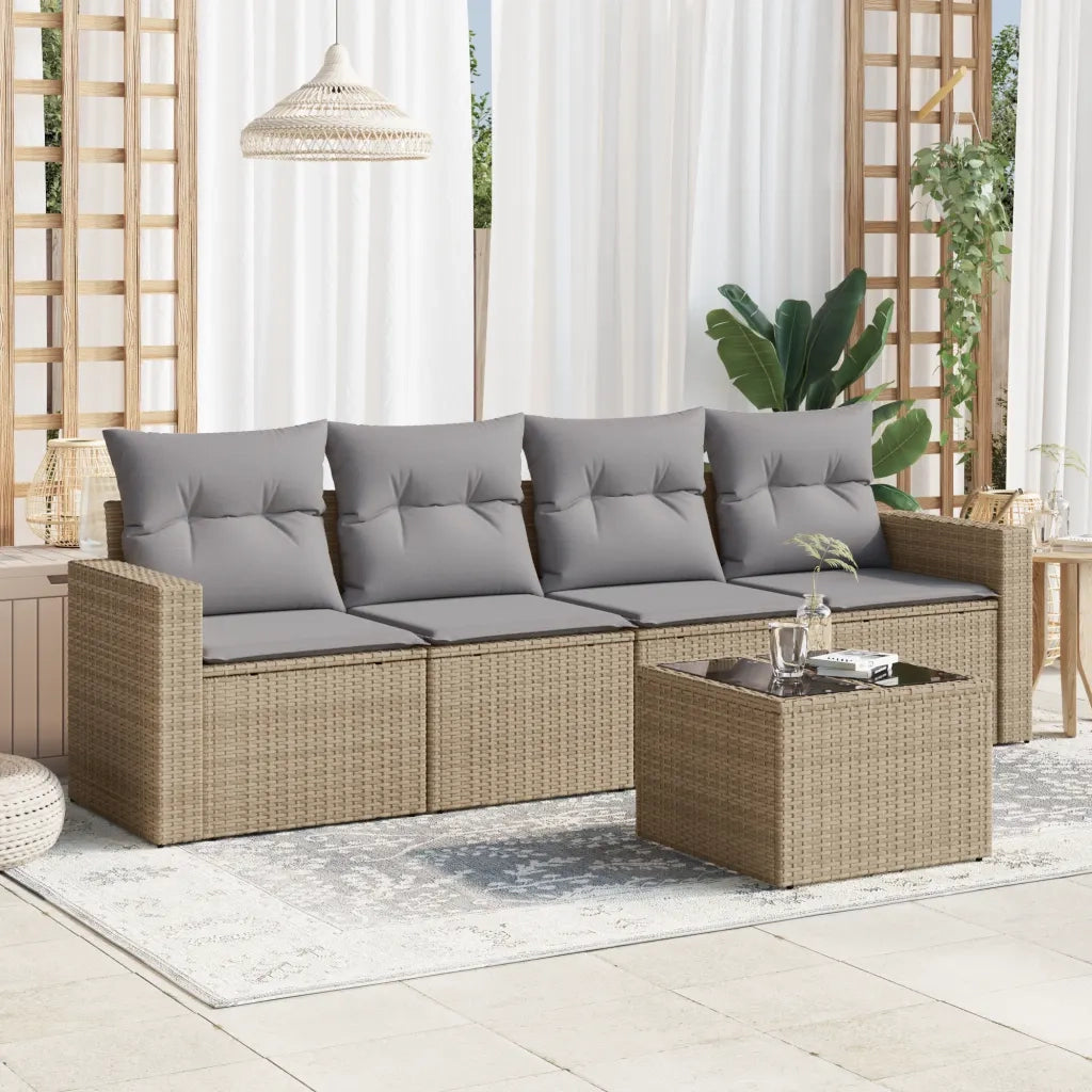 Set Divano da Giardino 5 pz con Cuscini-Sofa da Giardino-Divanetto da esterno Beige in Polyrattan 805775