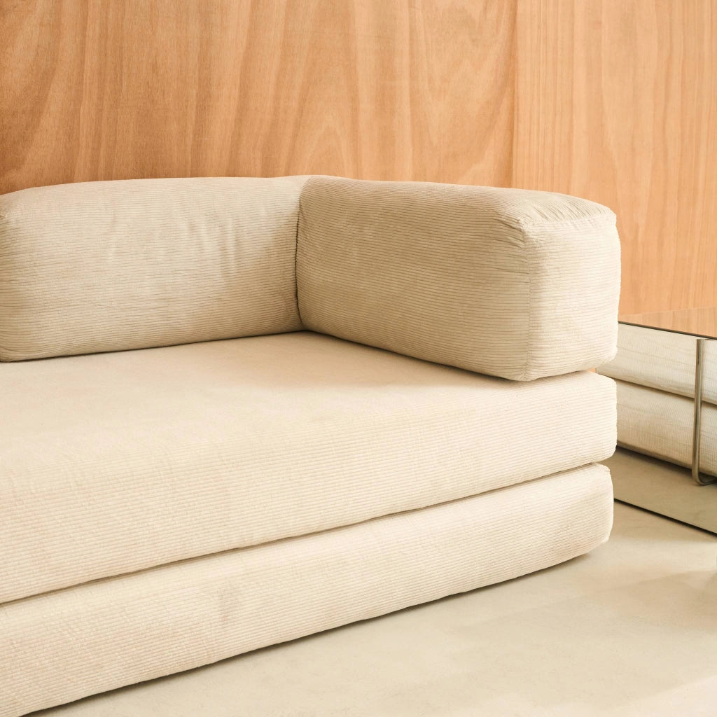Divano letto futon in velluto a coste e struttura cromata, 3 posti,