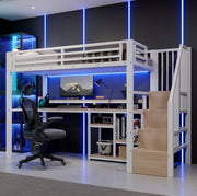 Letto a soppalco 90x200 cm in metallo e MDF con scala; ripiani; LED e USB; bianco