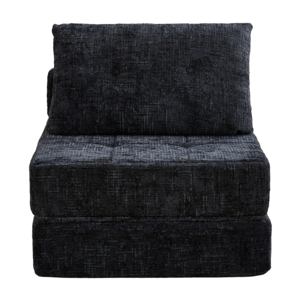 Divano letto pieghevole in chenille nero con cuscino testa e lombare