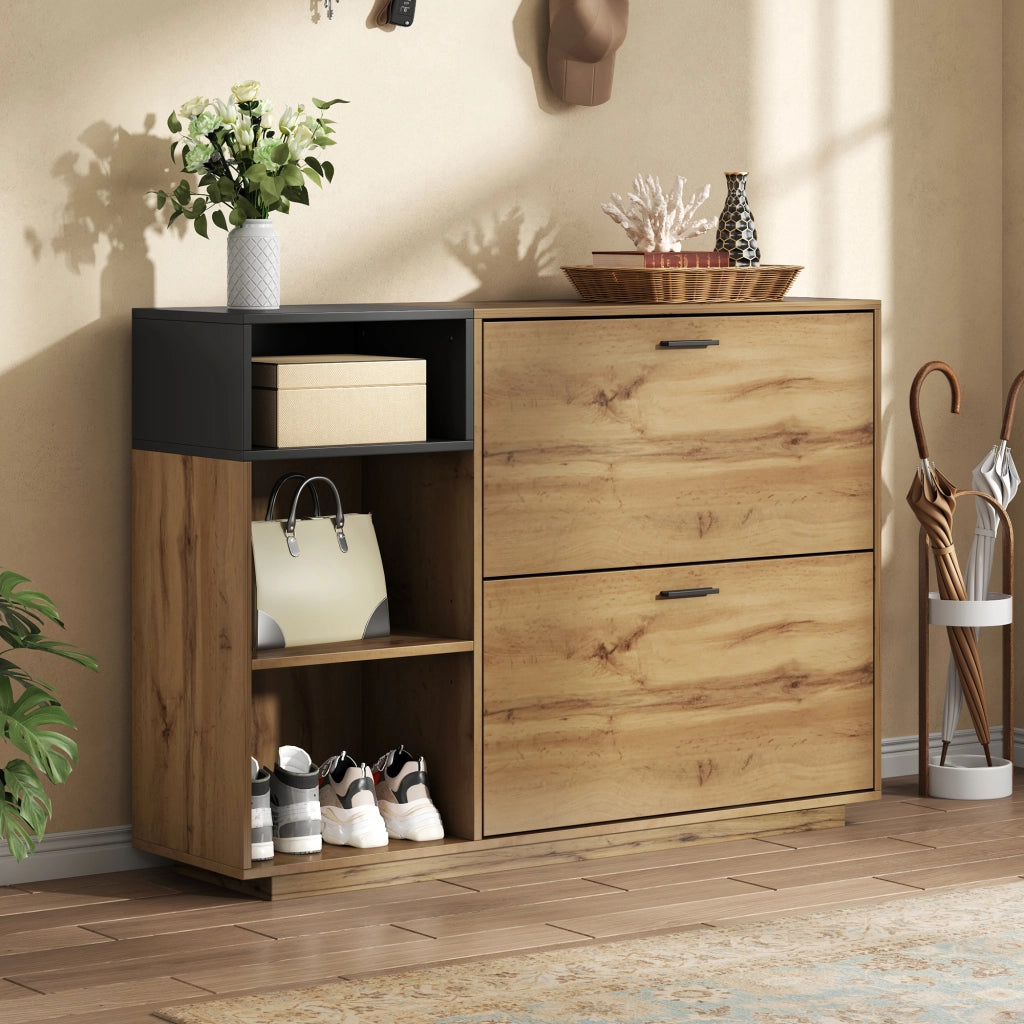 Scarpiera con 2 ante a ribalta e 3 vani aperti, per ingresso, in MDF, effetto legno naturale e nero, 120 × 32 × 84,5 cm