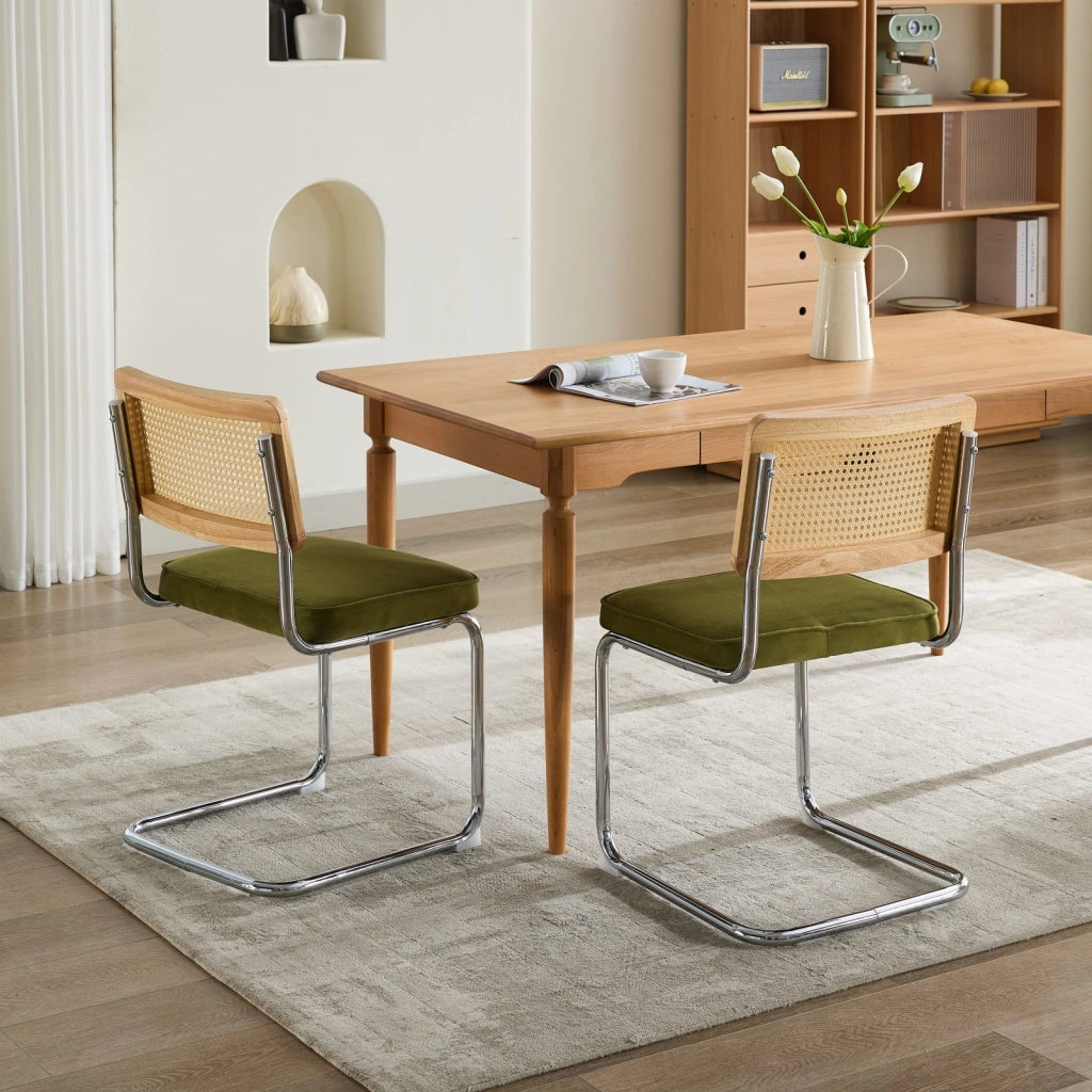 Sedia da pranzo moderna - Zephmum- Set di 2, schienale in rattan, base cromata, verde oliva