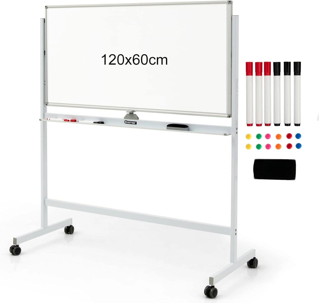 Lavagna Bianca Magnetica Doppia, Design Regolabile in Altezza con Ruote Bloccabili, 6 Pennarelli, 12 Calamite e 1 Cancellino, Ideale per Casa Ufficio e Scuola, 126 x 59 x 145/165 cm (Bianco)