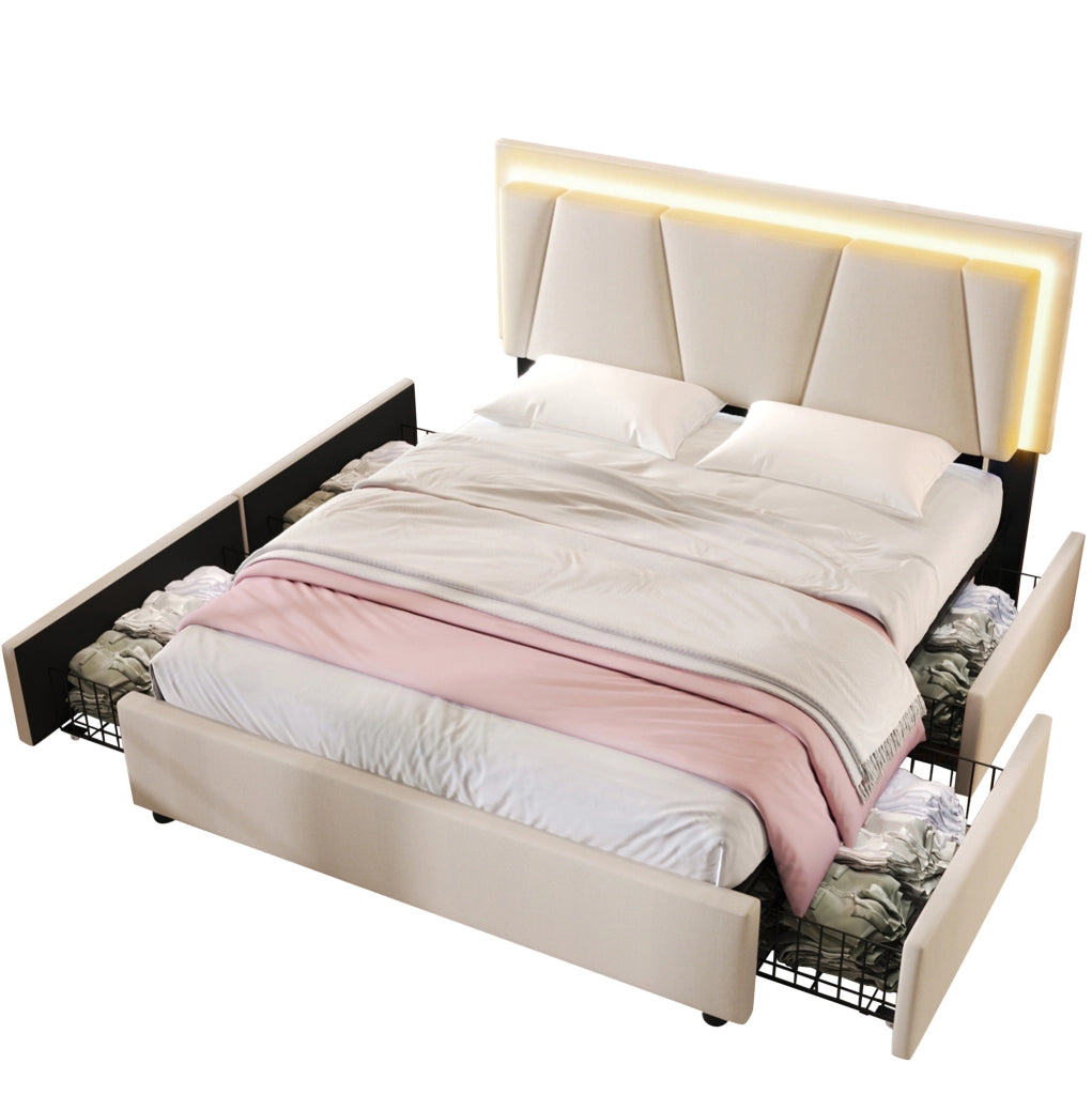 Letto matrimoniale 160x200 cm beige con LED e 4 cassetti