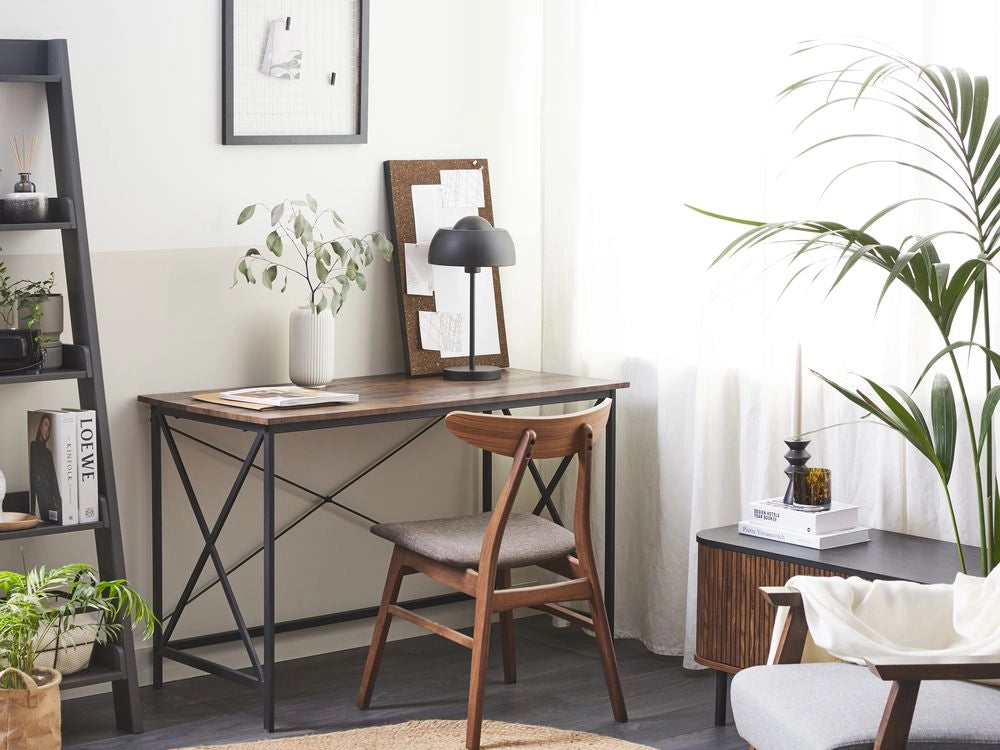 Scrivania da ufficio in legno scuro con piano in MDF Nero gambe in metallo 115 x 60 cm industriale