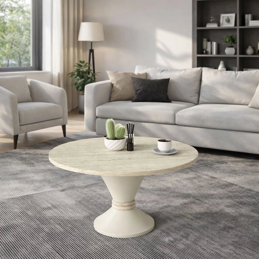 Tavolino Rotondo da Salotto Lepper Travertino e Cashmere con Dettaglio Circolare