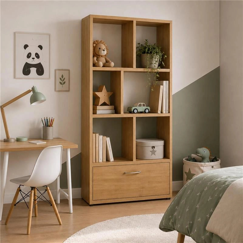 LIBRERIA IN MDF ROVERE CON RIPIANI SFALSATI E CASSETTONE MISURE: 70X24X140 CM