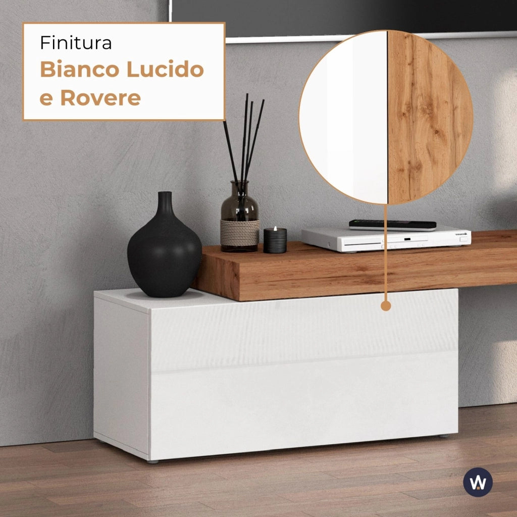 WHOUS Mobile porta tv Chronos estensibile con 1 anta a ribalta bianco/rovere 180/260x40x51 cm