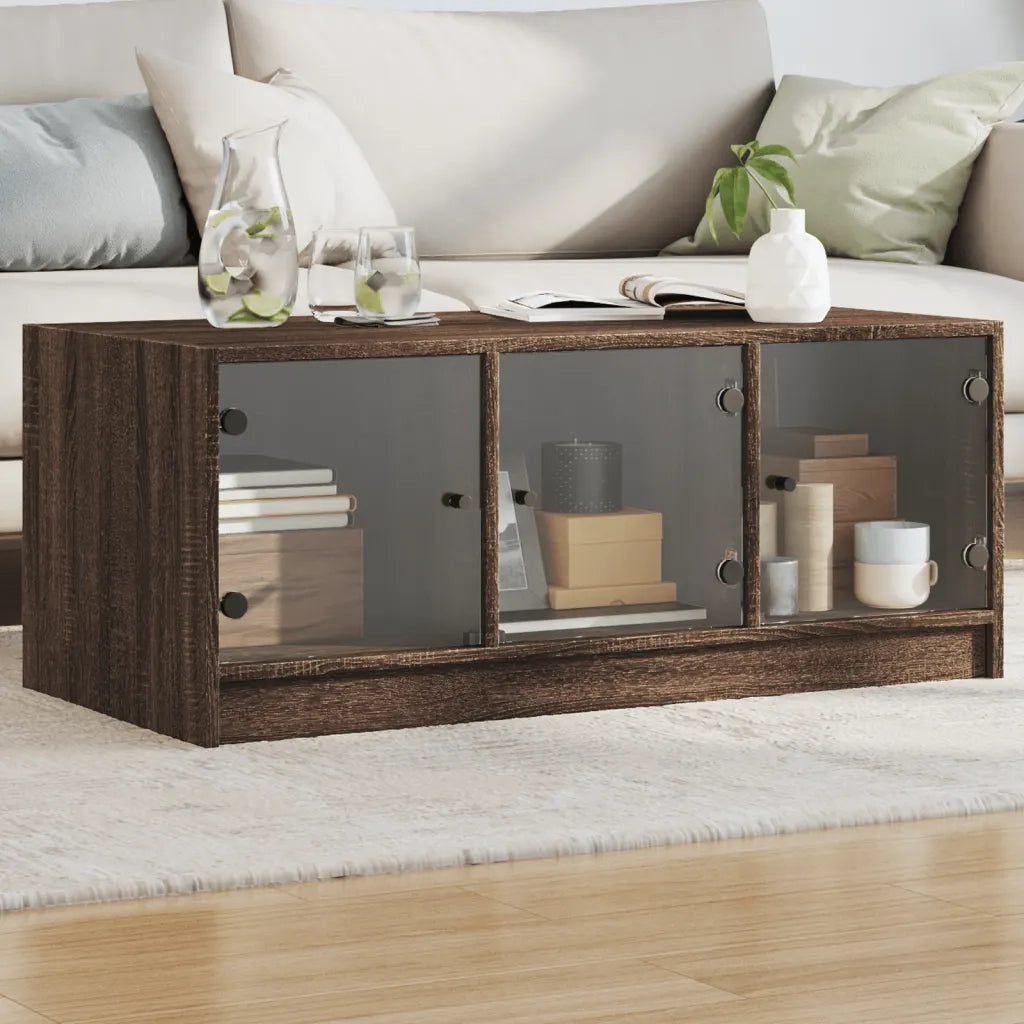 Tavolino Salotto con Ante in Vetro-Tavolino da soggiorno-Tavolo Rovere Marrone 102x50x42 cm