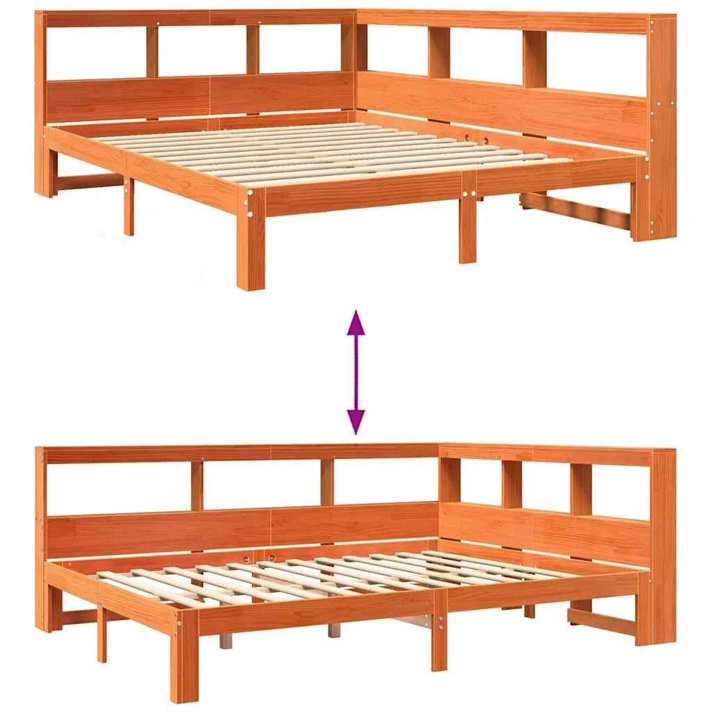 Letto Libreria senza Materasso-Struttura Letto con contenitore Marrone Cera 140x200 cm in Pino 129631