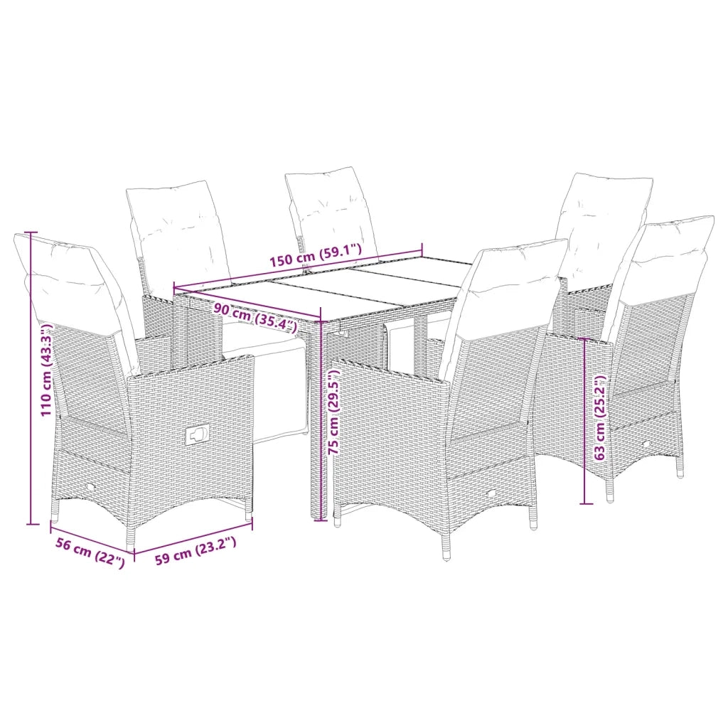 Set da Pranzo da Giardino 7 pz Nero con Cuscini in Polyrattan 3276866