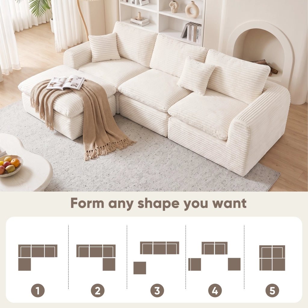 Divano modulare 3 pezzi configurabile con seduta profonda e schienali morbidi in velluto a coste beige per salotto