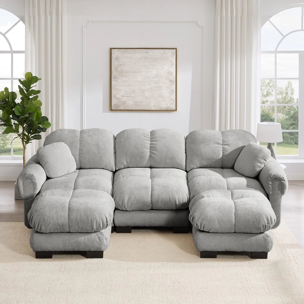Divano 3 posti con poggiapiedi e cuscini ¨C Minimal ¨C grigio chiaro velluto trapuntato imbottito
